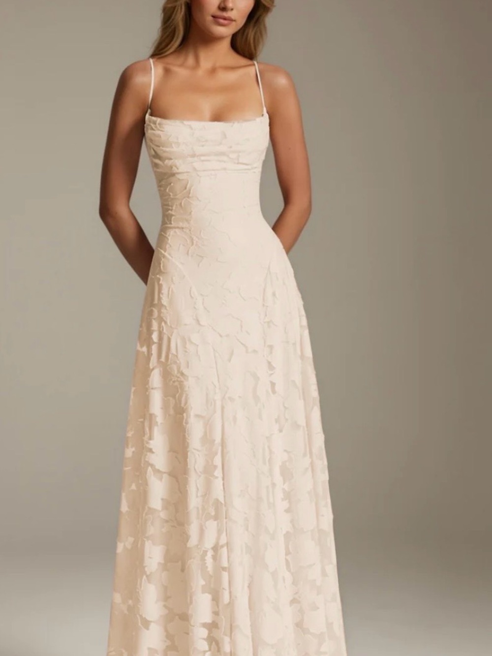 Gorgeous cream colored long dress with floral overlay pattern w/tie bodice back